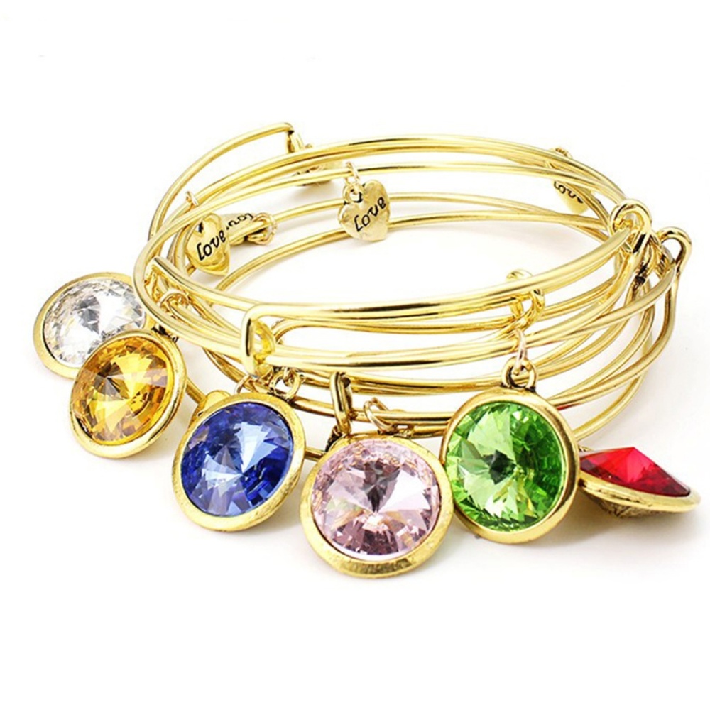 Gold Birthstone Bracelet Adjustable Wire Crystal Heart Charm